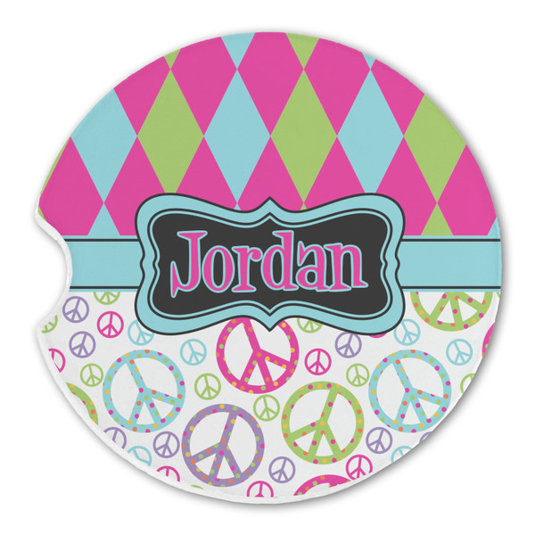 Custom Harlequin & Peace Signs Sandstone Car Coaster - Single (Personalized)
