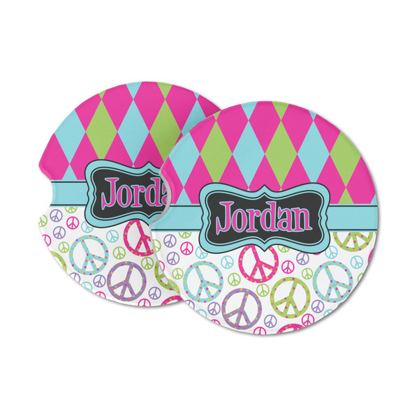 Custom Harlequin & Peace Signs Sandstone Car Coasters - Set of 2 (Personalized)