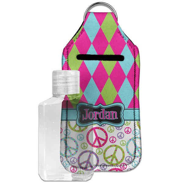 Custom Harlequin & Peace Signs Hand Sanitizer & Keychain Holder - Large (Personalized)