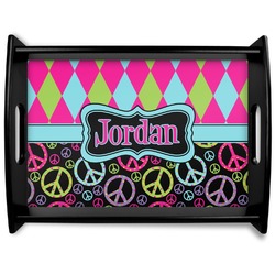 Harlequin & Peace Signs Black Wooden Tray - Large (Personalized)