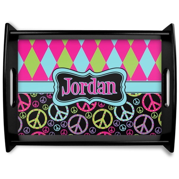 Custom Harlequin & Peace Signs Black Wooden Tray - Large (Personalized)