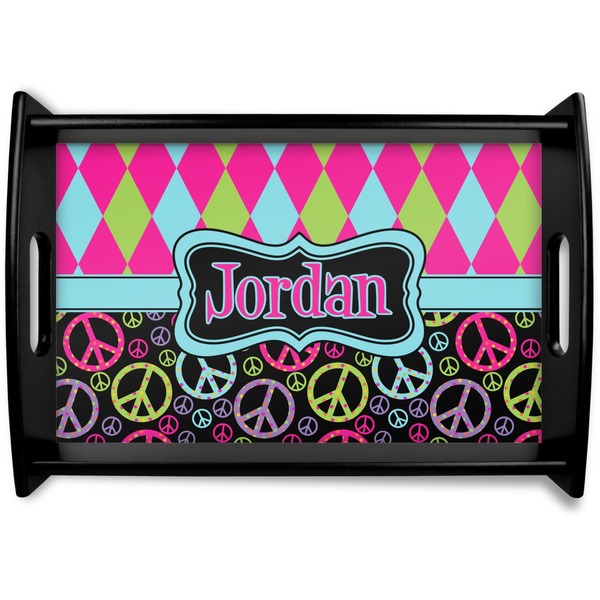 Custom Harlequin & Peace Signs Black Wooden Tray - Small (Personalized)