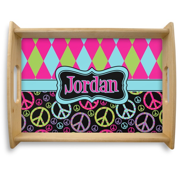 Custom Harlequin & Peace Signs Natural Wooden Tray - Large (Personalized)