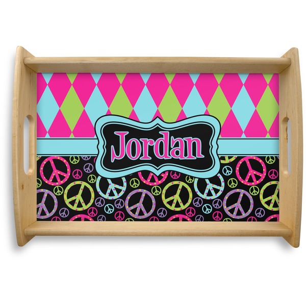 Custom Harlequin & Peace Signs Natural Wooden Tray - Small (Personalized)