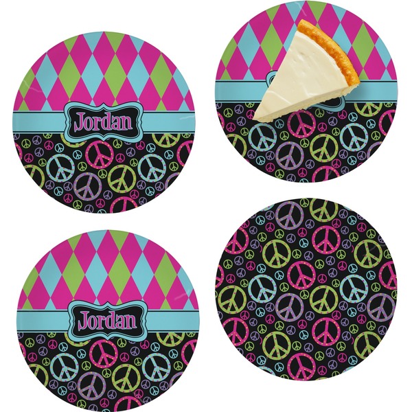 Custom Harlequin & Peace Signs Set of 4 Glass Appetizer / Dessert Plate 8" (Personalized)