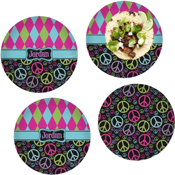 Custom Harlequin & Peace Signs Set of 4 Glass Lunch / Dinner Plate 10" (Personalized)