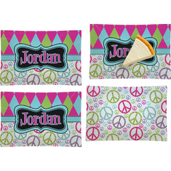 Harlequin & Peace Signs Set of 4 Glass Rectangular Appetizer / Dessert Plate (Personalized)