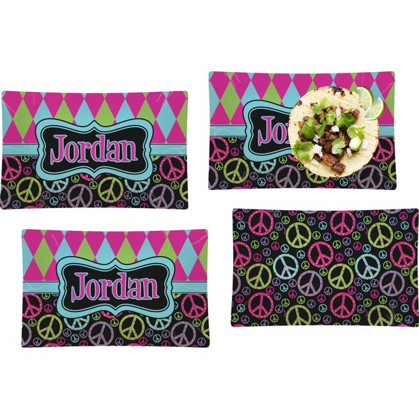 Custom Harlequin & Peace Signs Set of 4 Glass Rectangular Lunch / Dinner Plate (Personalized)