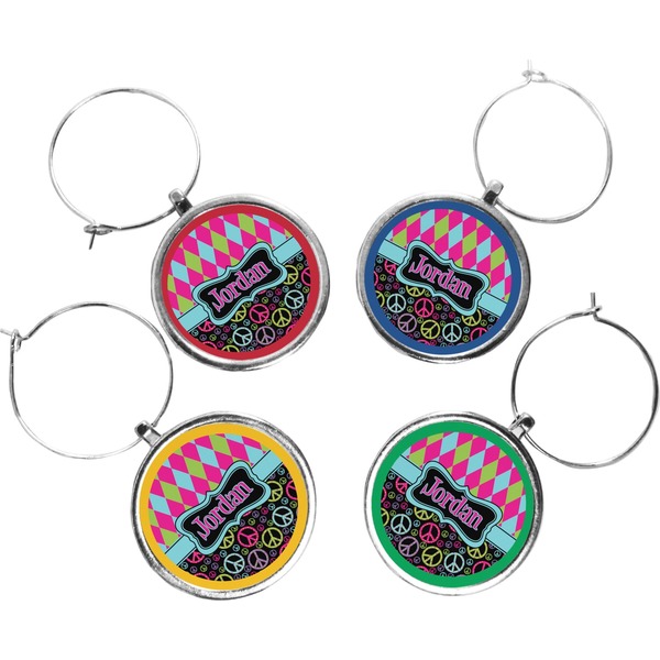 Custom Harlequin & Peace Signs Wine Charms (Set of 4) (Personalized)