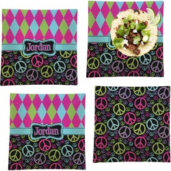Harlequin & Peace Signs Set of 4 Glass Square Lunch / Dinner Plate 9.5" (Personalized)