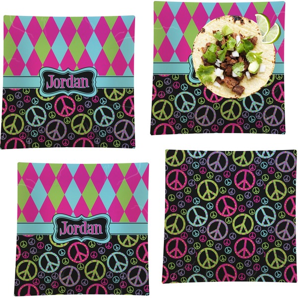 Custom Harlequin & Peace Signs Set of 4 Glass Square Lunch / Dinner Plate 9.5" (Personalized)