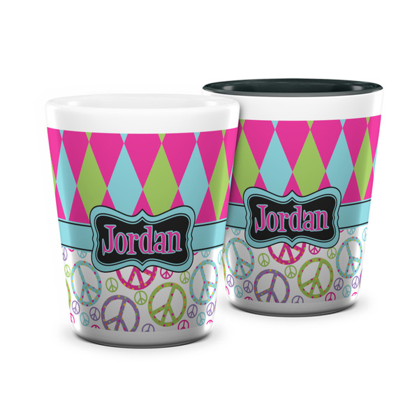 Custom Harlequin & Peace Signs Ceramic Shot Glass - 1.5 oz (Personalized)