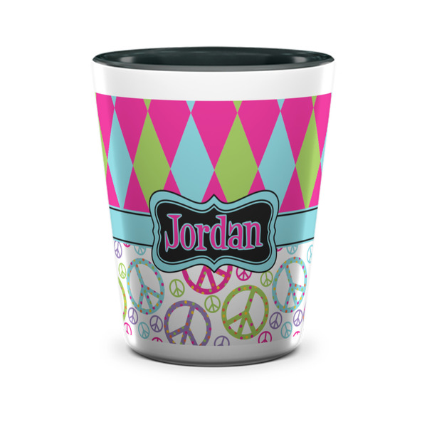 Custom Harlequin & Peace Signs Ceramic Shot Glass - 1.5 oz - Two Tone - Set of 4 (Personalized)