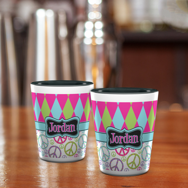 Harlequin & Peace Signs Shot Glass - Two Tone - LIFESTYLE