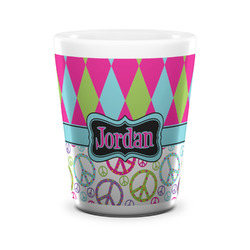 Harlequin & Peace Signs Ceramic Shot Glass - 1.5 oz - White - Set of 4 (Personalized)