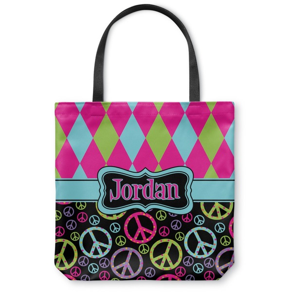 Custom Harlequin & Peace Signs Canvas Tote Bag - Large - 18"x18" (Personalized)