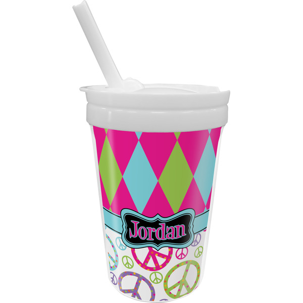 Custom Harlequin & Peace Signs Sippy Cup with Straw (Personalized)