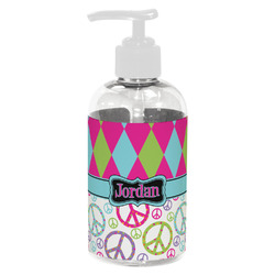 Harlequin & Peace Signs Plastic Soap / Lotion Dispenser (8 oz - Small - White) (Personalized)