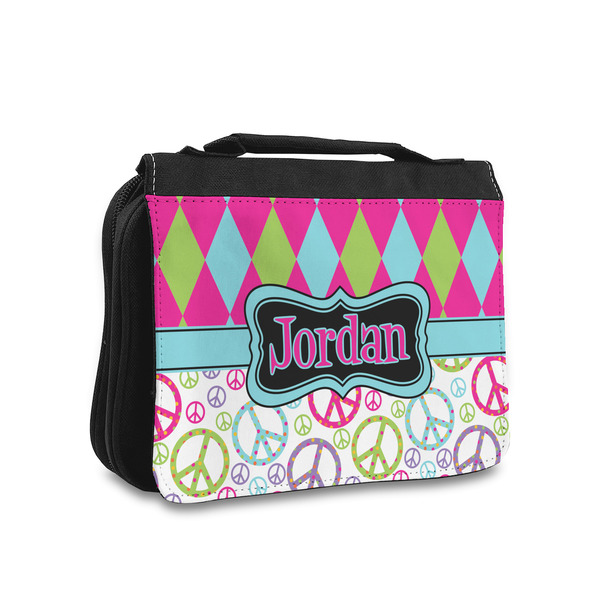 Custom Harlequin & Peace Signs Toiletry Bag - Small (Personalized)