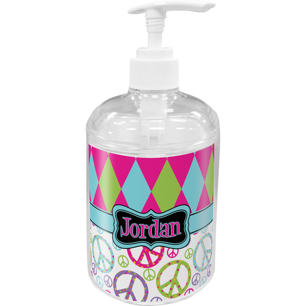 Custom Harlequin & Peace Signs Acrylic Soap & Lotion Bottle (Personalized)