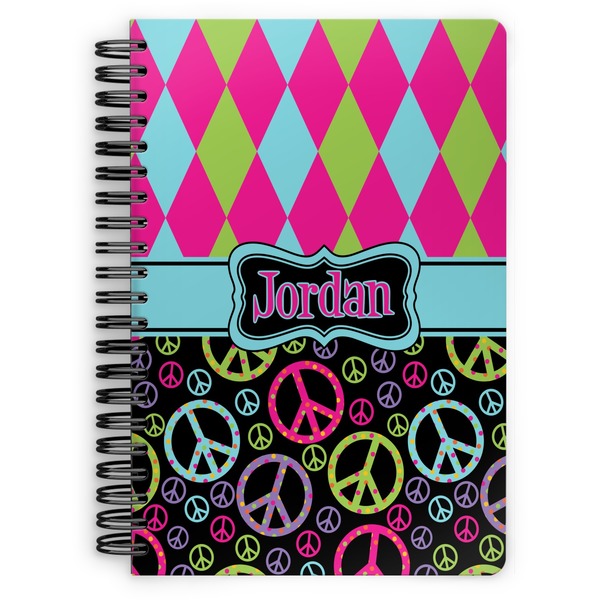 Custom Harlequin & Peace Signs Spiral Notebook (Personalized)