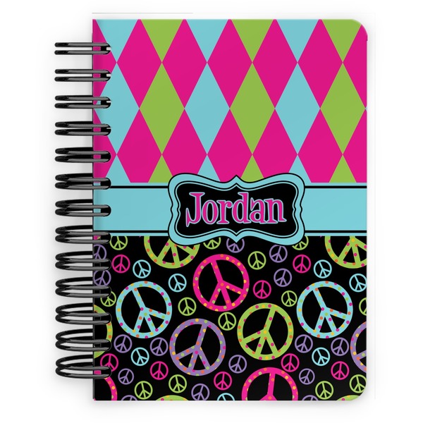 Custom Harlequin & Peace Signs Spiral Notebook - 5x7 w/ Name or Text