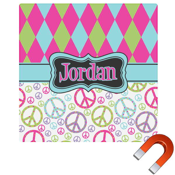 Custom Harlequin & Peace Signs Square Car Magnet - 10" (Personalized)