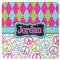 Harlequin & Peace Signs Square Rubber Backed Coaster (Personalized)