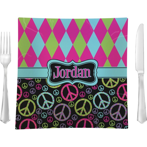 Custom Harlequin & Peace Signs 9.5" Glass Square Lunch / Dinner Plate- Single or Set of 4 (Personalized)