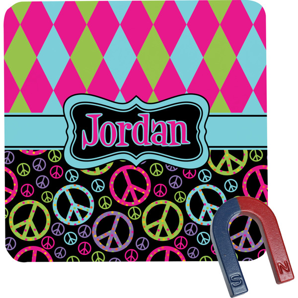 Custom Harlequin & Peace Signs Square Fridge Magnet (Personalized)