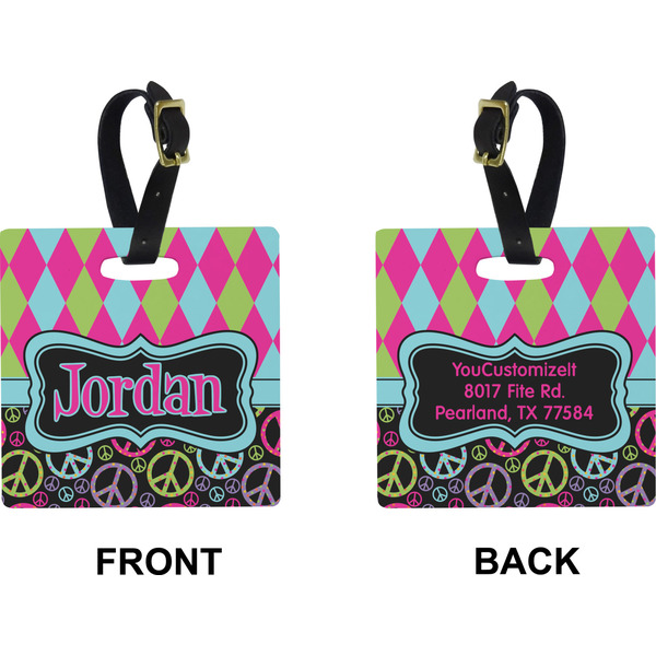 Harlequin & Peace Signs Square Luggage Tag (Front + Back)