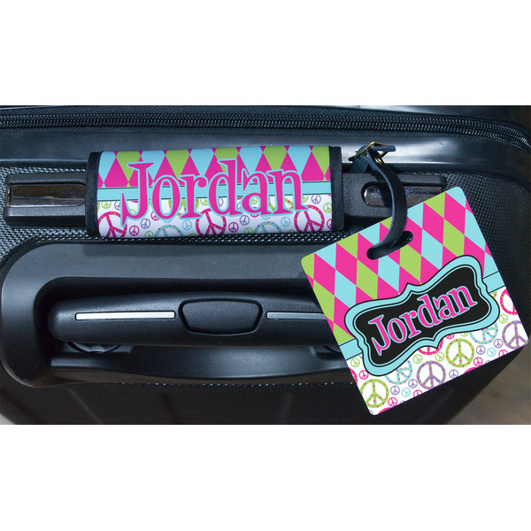 Harlequin & Peace Signs Square Luggage Tag & Handle Wrap - In Context