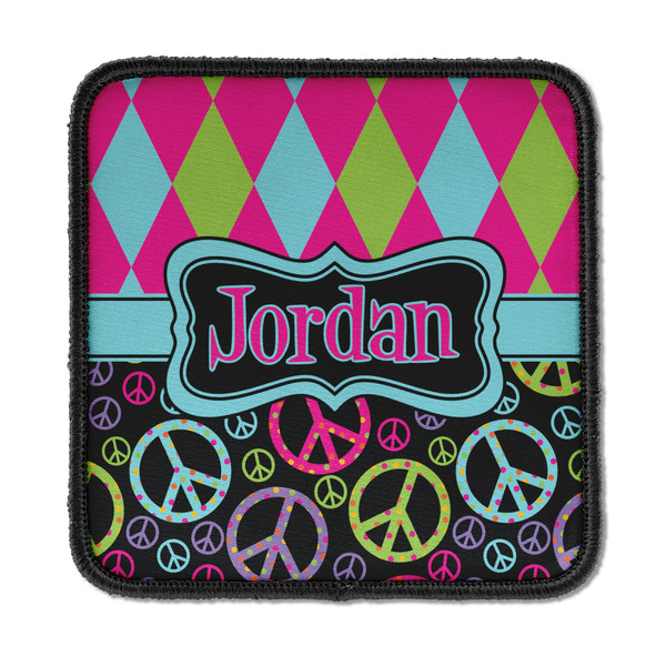 Custom Harlequin & Peace Signs Iron On Square Patch w/ Name or Text