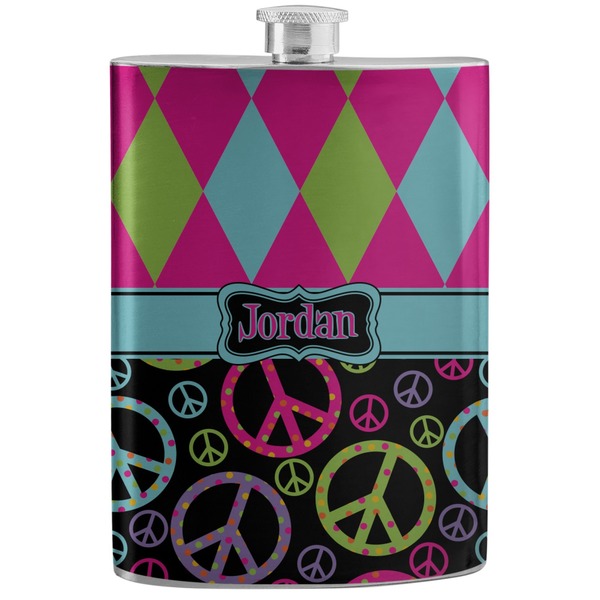 Custom Harlequin & Peace Signs Stainless Steel Flask (Personalized)