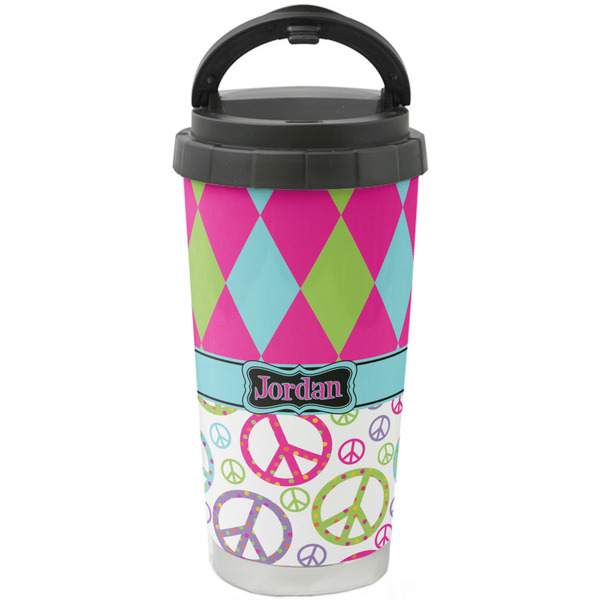 Custom Harlequin & Peace Signs Stainless Steel Coffee Tumbler (Personalized)