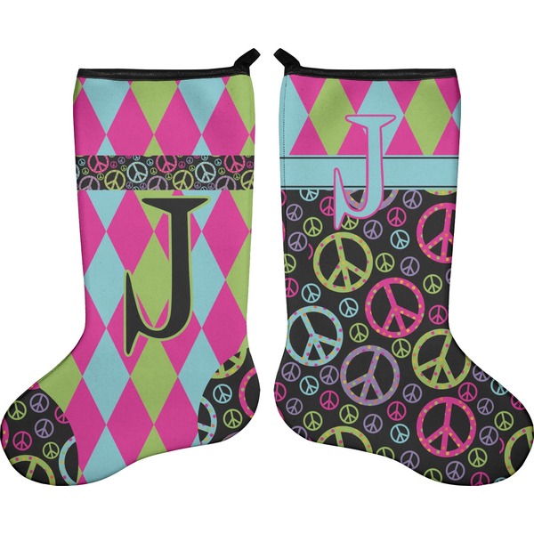 Custom Harlequin & Peace Signs Holiday Stocking - Double-Sided - Neoprene (Personalized)