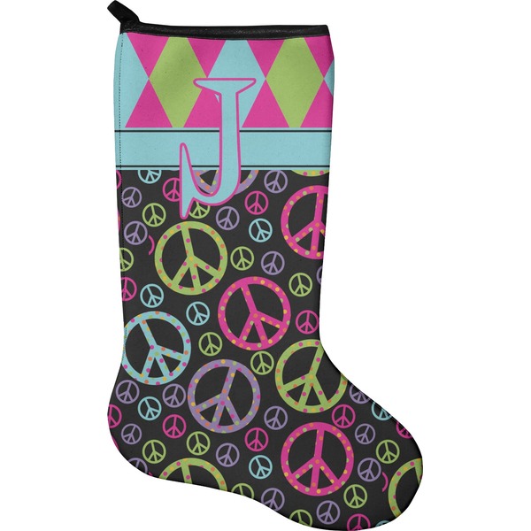 Custom Harlequin & Peace Signs Holiday Stocking - Single-Sided - Neoprene (Personalized)