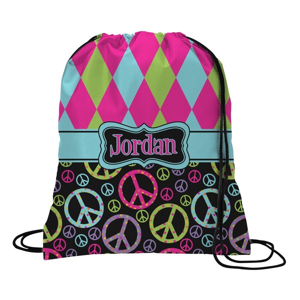 Custom Harlequin & Peace Signs Drawstring Backpack - Medium (Personalized)