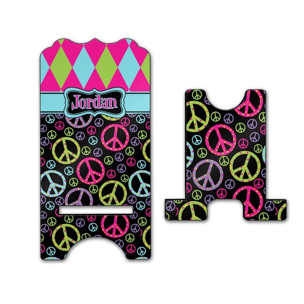 Harlequin & Peace Signs Stylized Phone Stand - Front & Back - Large
