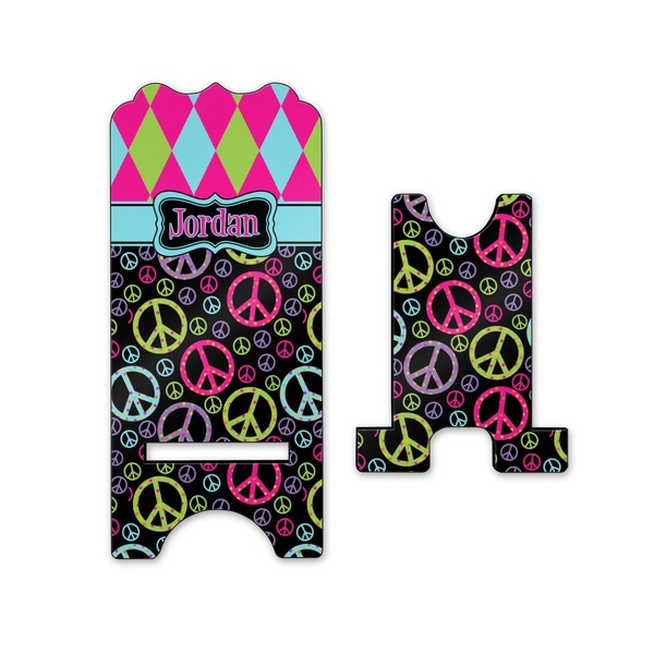 Harlequin & Peace Signs Stylized Phone Stand - Front & Back - Small