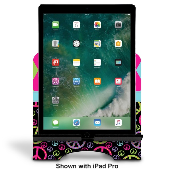 Harlequin & Peace Signs Stylized Tablet Stand - Front with ipad