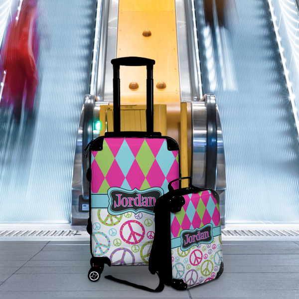 Harlequin & Peace Signs Suitcase Set 4 - IN CONTEXT