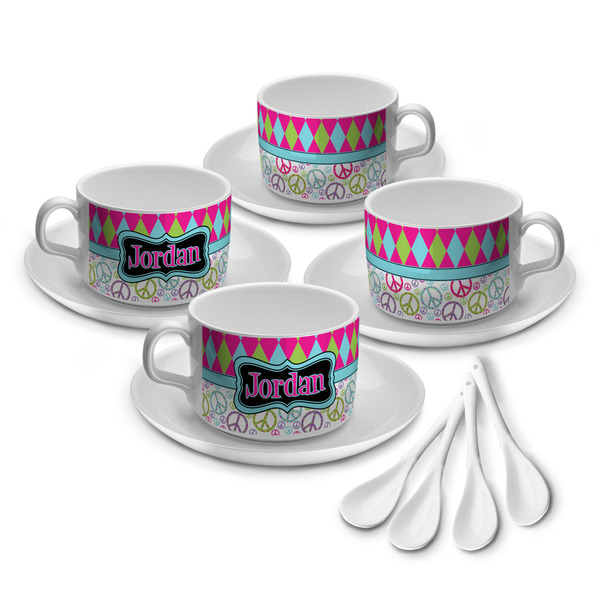 Custom Harlequin & Peace Signs Tea Cup - Set of 4 (Personalized)