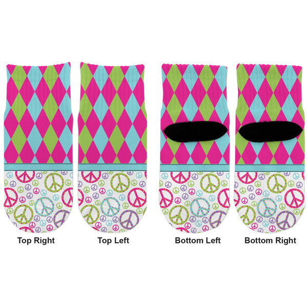 Harlequin & Peace Signs Toddler Ankle Socks - Double Pair - Front and Back - Apvl