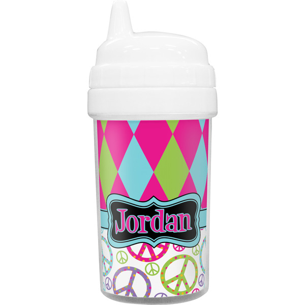 Custom Harlequin & Peace Signs Toddler Sippy Cup (Personalized)