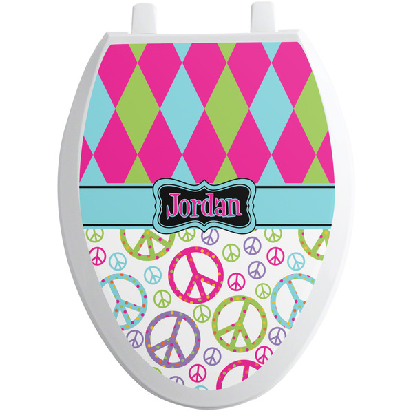 Custom Harlequin & Peace Signs Toilet Seat Decal - Elongated (Personalized)