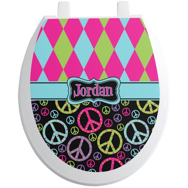 Custom Harlequin & Peace Signs Toilet Seat Decal - Round (Personalized)