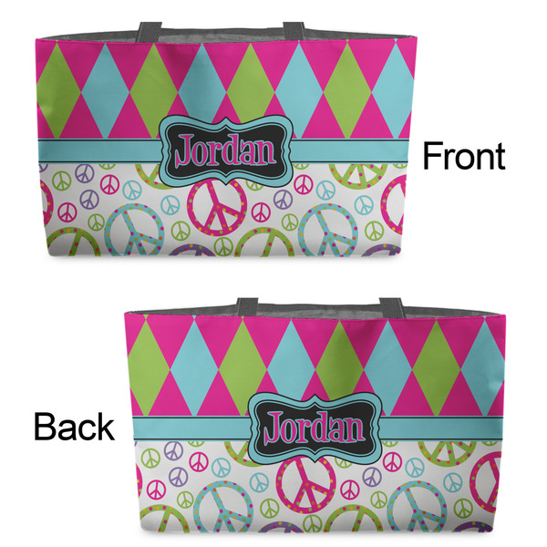 Harlequin & Peace Signs Tote w/Black Handles - Front & Back Views