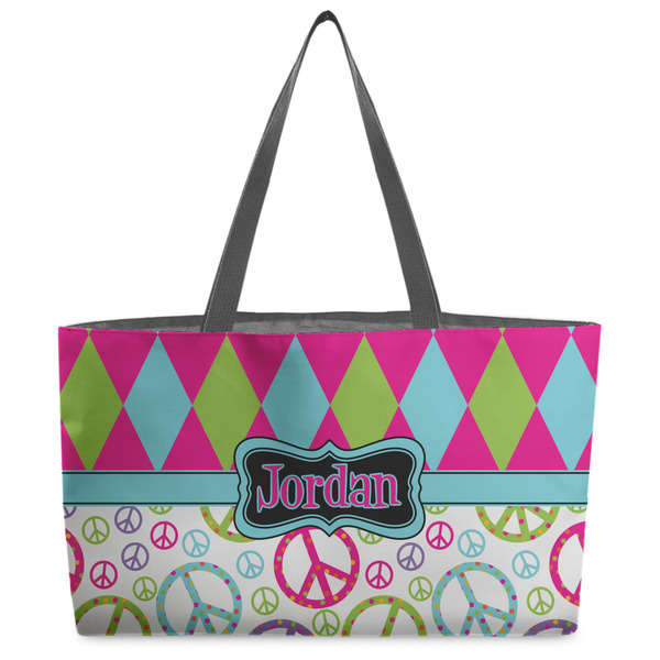 Custom Harlequin & Peace Signs Beach Totes Bag - w/ Black Handles (Personalized)