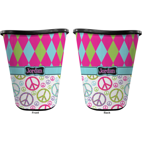 Harlequin & Peace Signs Trash Can Black - Front and Back - Apvl